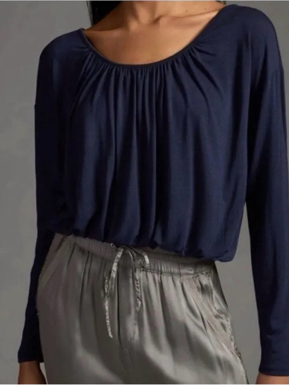 Anthropologie Maeve Long Sleeve Bubble Hem Top Navy Blue Medium NWOT